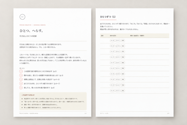 ひとつ、へらす。 表紙と記入表を同じ大きさで並べたAI生成の印刷イメージ