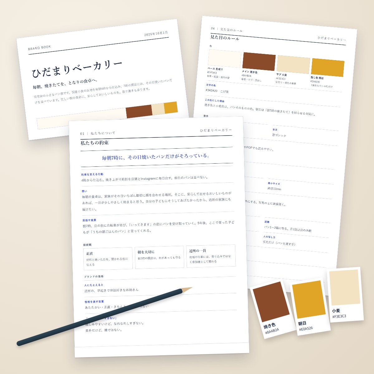 架空のお店「ひだまりベーカリー」の記入例から作成した、ブランドブックの印刷イメージです。テンプレートはウェブ上で使うもので、紙の発送はありません。