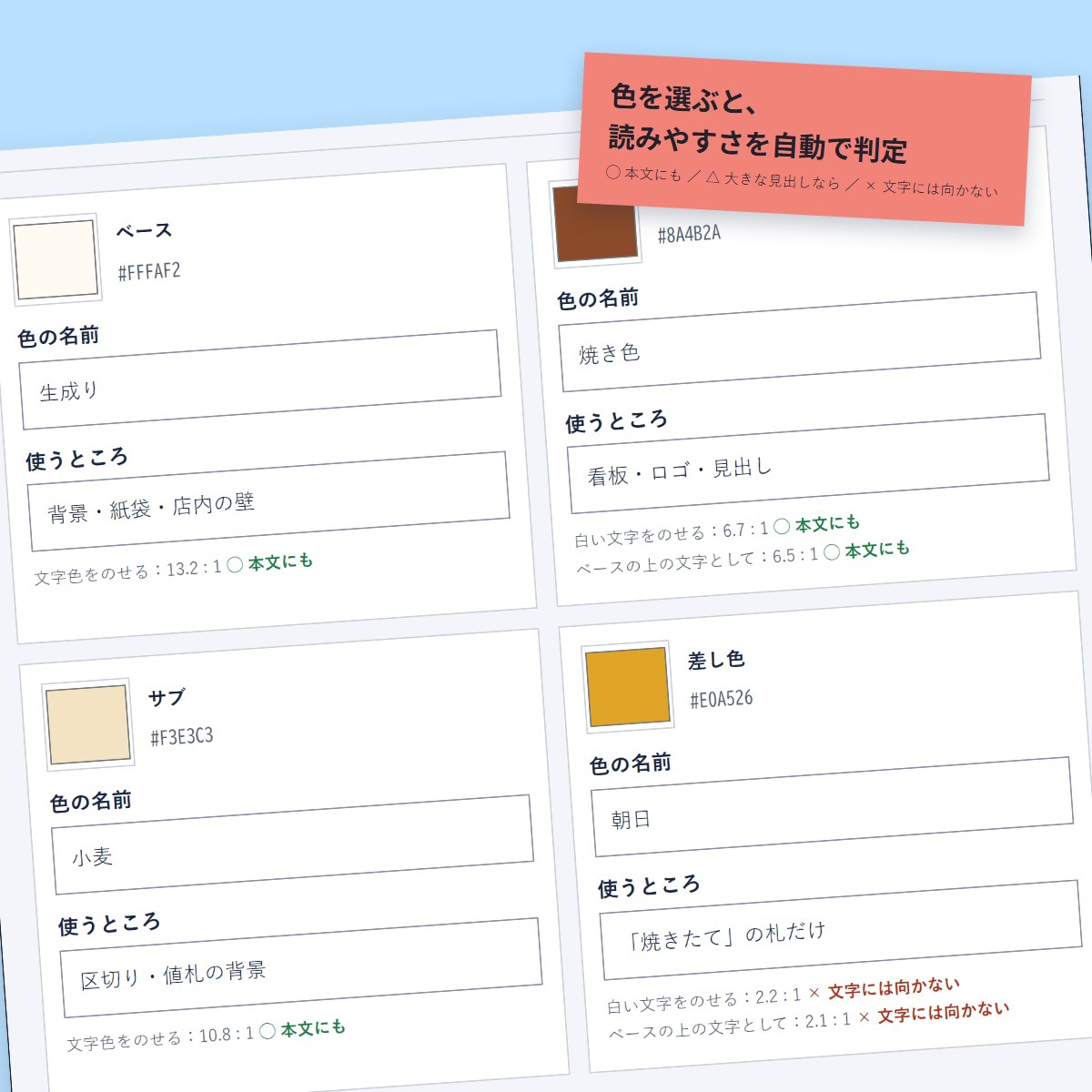 色を選ぶと、白い文字・本文の文字をのせたときの読みやすさ(コントラスト比)を自動で判定します。