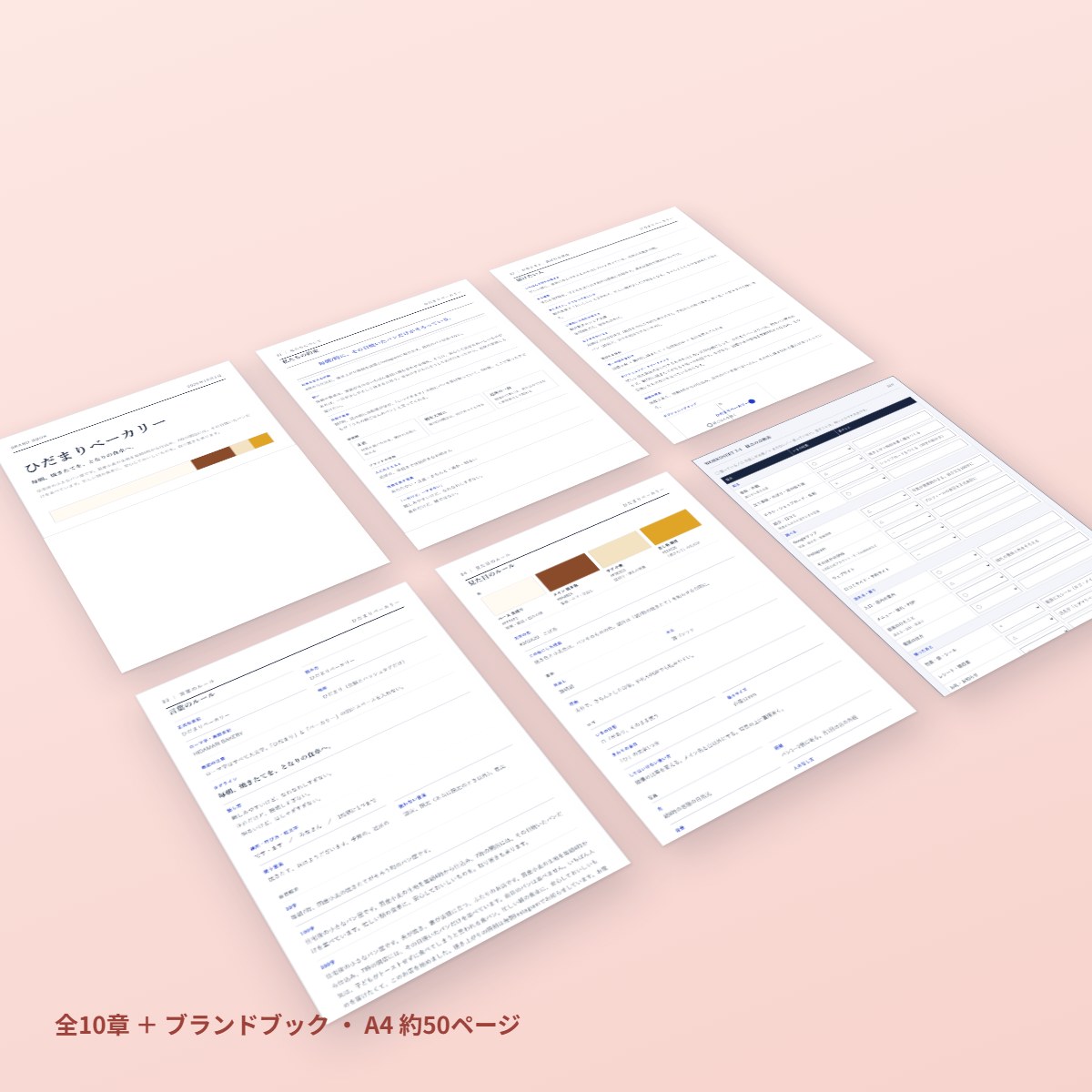 全10章のワークシートと、ブランドブックのページ(記入例から作成したイメージ)。