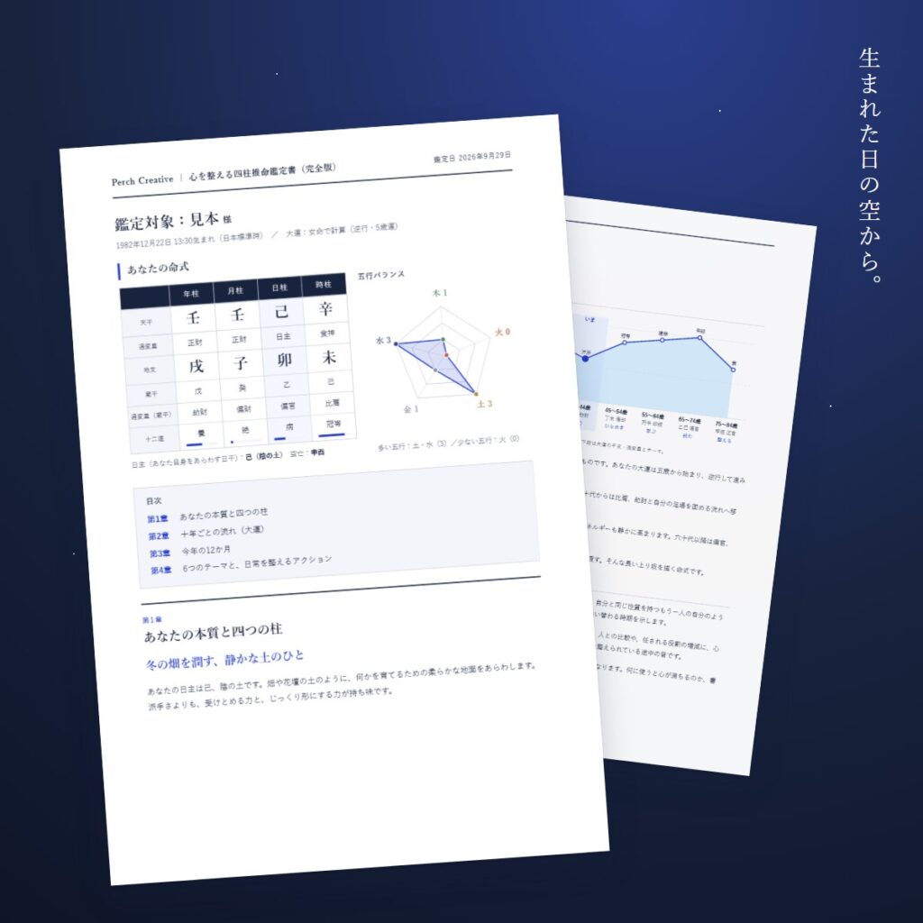 心を整える四柱推命 完全版鑑定書:見本の命式ページ